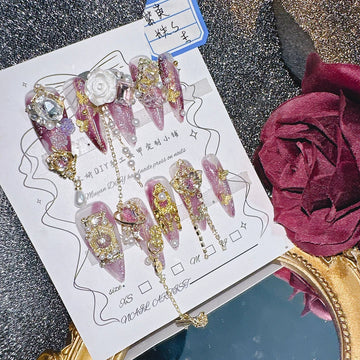 Qfdian 10Pcs High Quality Handmade Press on Nails Purple Jade Noble Elegant Luxurious Flower God Niche Style Spicy Drill  Decoration